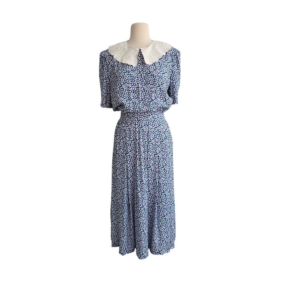 VTG Floral Midi Dress 16 Blue Rayon Embroidered Peter Pan Collar Cottagecore